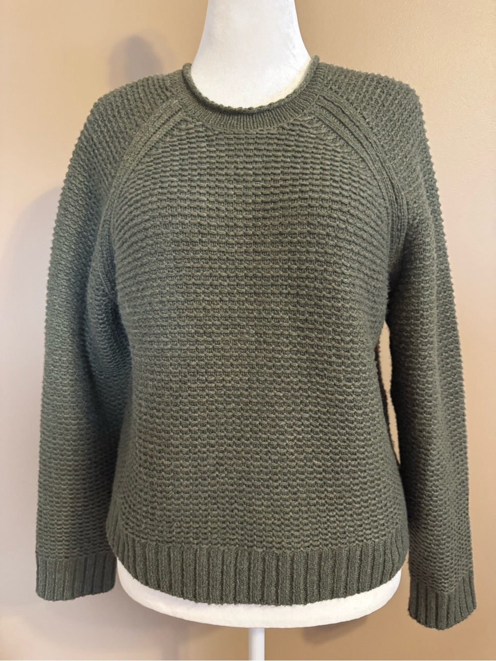 prAna Cades Cove Women's Large Merino Wool Blend Sweater Green Orange Stitch